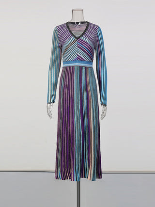 Metallic Striped Knit Maxi Dress with V-Neck and Long Sleeves
