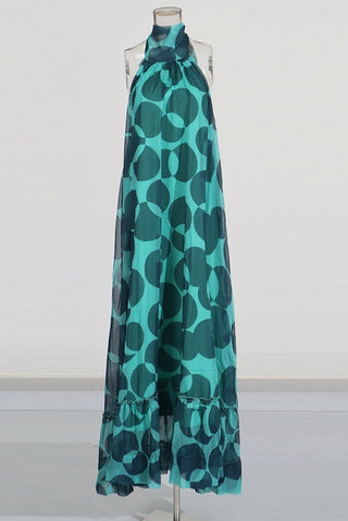Sleeveless Halter Neck Open-Back Printed Chiffon Long Dress with Ruffle Hem
