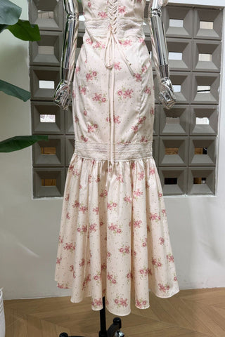 Floral Print Long Dress – Lace Trim, Tie Straps, Defined Waist & Corset Back