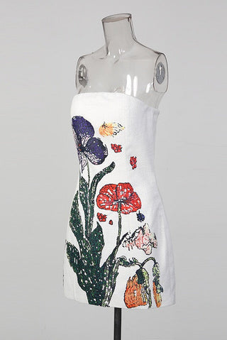 Floral Strapless A-Line Mini Dress with Statement Flower Design