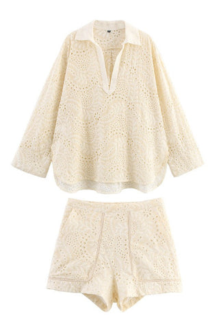 Floral Eyelet Cotton Two-Piece Set – Long Sleeve Shirt & High-Waist Shorts | Breathable Embroidered Lace