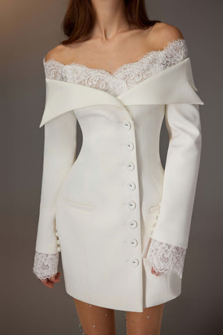 Lace Trim Off-Shoulder Tailored Blazer Mini Dress with Long Sleeves & Button Front