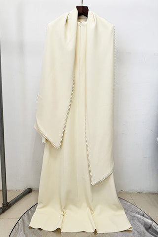 Pearl Trim Minimal Design Dress – Chiffon Material, Long Flared Sleeves