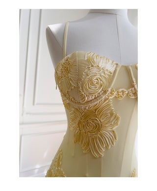 Petal Embellished Mesh Halter Column Dress with Slim Straps