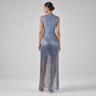 Metallic Fringe High Neck Sleeveless Long Dress