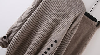 Ribbed Knit Two-Piece Set – Oversized Sweater with Button-Cuff Sleeves & High-Waist Midi Skirt