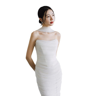 Strapless Ruched Tulle Mermaid Maxi Dress with Sheer Scarf