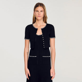 Pearl Trim Ribbed Knit Cardigan with Short Sleeves and Button Front Design
