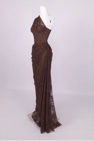 One-Shoulder Lace Long Dress with Sculpted Corset Fit