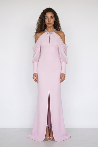 Crystal Embellished Halter Neck Draped Cold Shoulder Mermaid Long Dress