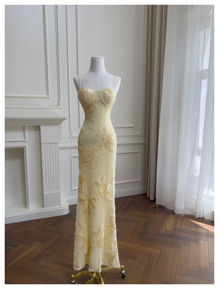 Petal Embellished Mesh Halter Column Dress with Slim Straps