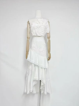 Strapless Lace Appliqué Crop Top & Tiered Asymmetric Long Skirt Set