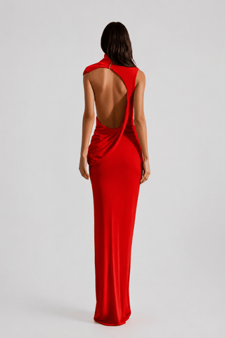 Open Back High Neck Long Evening Dress with Draped Detail