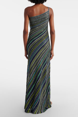 Metallic Striped One-Shoulder Knit Long Dress