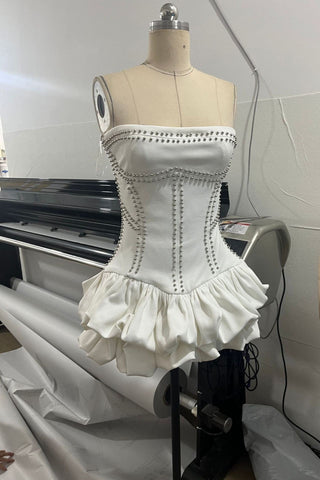 Strapless Studded Corset Mini Dress – Structured Bodice with Volume Hem