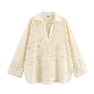 Floral Eyelet Cotton Two-Piece Set – Long Sleeve Shirt & High-Waist Shorts | Breathable Embroidered Lace