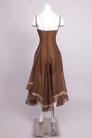 Spaghetti Strap Corset Organza Asymmetric Long Dress with Embroidered Collar Detail