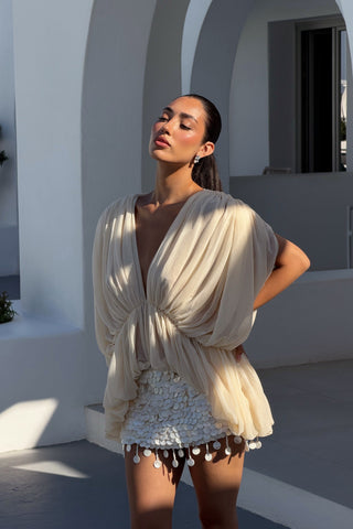 Draped Chiffon V-Neck Asymmetric Top with Batwing Sleeves