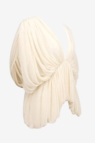 Draped Chiffon V-Neck Asymmetric Top with Batwing Sleeves