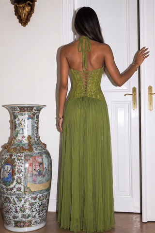 Lace Corset Halter Neck Pleated Long Dress with Lace-Up Back