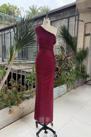 One-Shoulder Shimmer Mesh Long Evening Dress