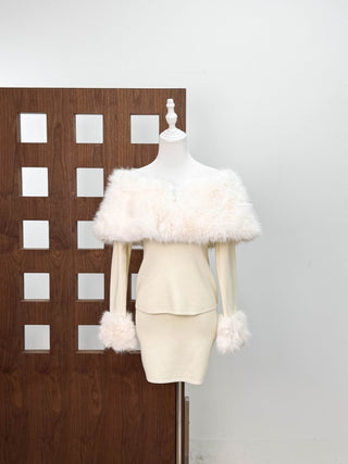 Faux Fur Off-Shoulder Top & Mini Skirt Two-Piece Set
