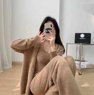 3-Piece Fuzzy Knit Lounge Set – Tank, Wide-Leg Pants & Cardigan