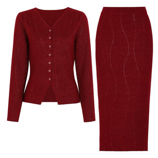 Crystal Embellished Knit Long Sleeve Top & High-Waisted Long Skirt Set