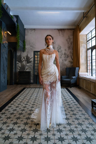 Sheer Lace Corset Draped Long Dress