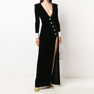 Velvet Deep V Long Dress with Crystal Buttons, Long Sleeves & Front Slit