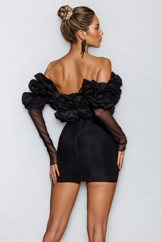 Off-Shoulder Ruffle Mesh-Sleeve Bodycon Mini Dress