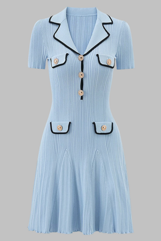 Pleated Knit  Lapel Collar Buttoned Pockets Mini Dress