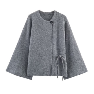 Asymmetric Wrap Wool-Blend Jacket with Wide Sleeves