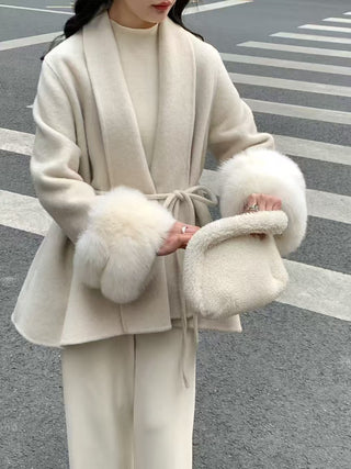 Fur Cuff Belted Knit Cardigan – Long Sleeve Wrap Design