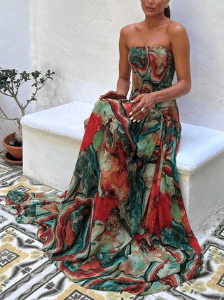 Abstract Print Smocked Drop-Waist Long Dress
