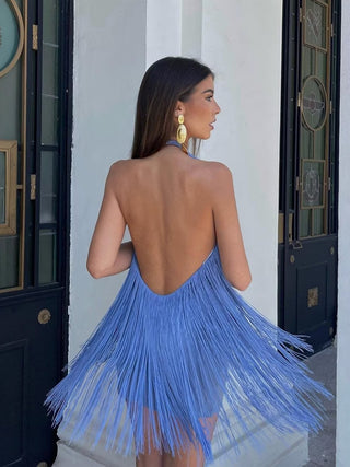 Backless Fringe Halter Mini Dress