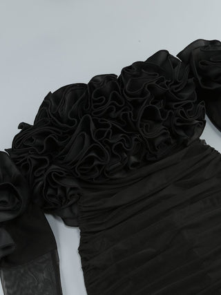 Off-Shoulder Ruffle Mesh-Sleeve Bodycon Mini Dress