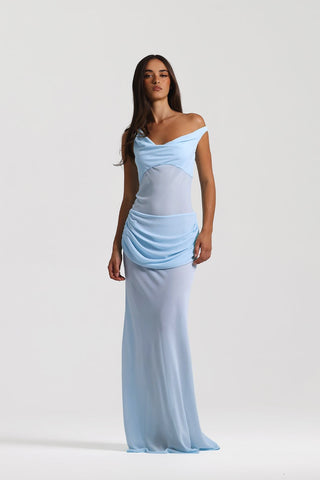 Draped Asymmetric Mesh Long Dress