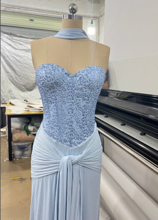 Sequin Corset Strapless Sweetheart Scarf Ruched Draped Long Dress