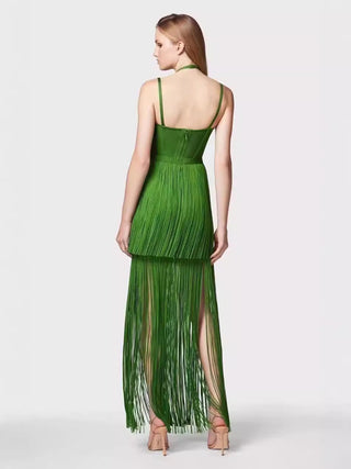 Fringe Halter Neck Bandage Long Evening Dress