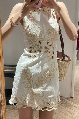 Cutout Embroidered Mini Dress – Sleeveless Design, Scalloped Hem & Classic Fit