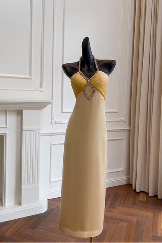 Satin Halter Long Dress with Crystal Detail Sleeveless