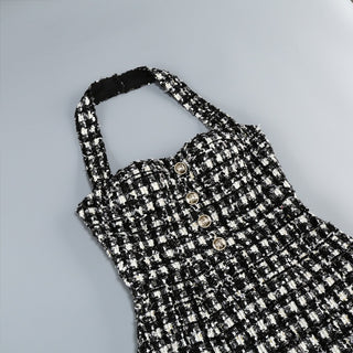 Tweed Halter Neck Button Mini Dress
