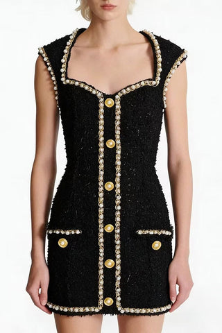Sleeveless Tweed Mini Dress with Pearl Chain Trim & Structured Fit