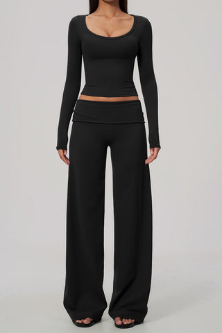 Scoop Neck Long Sleeve Top & Foldover Wide-Leg Pants Set