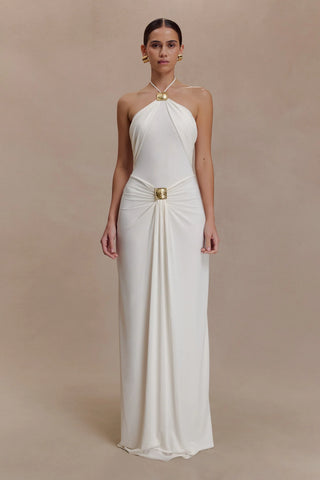Gold Detail Halter Long Dress – Sleeveless Open Back, Ruched Waist & Floor-Length