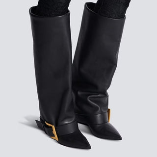 Knee-High Pointed Toe Boots with Buckle Strap Detail