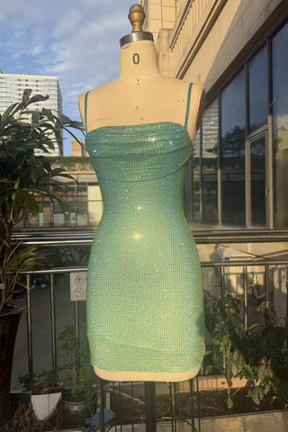Crystal Embellished Cowl Neck Spaghetti Strap Mini Dress