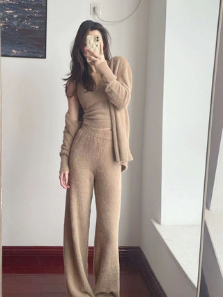 3-Piece Fuzzy Knit Lounge Set – Tank, Wide-Leg Pants & Cardigan