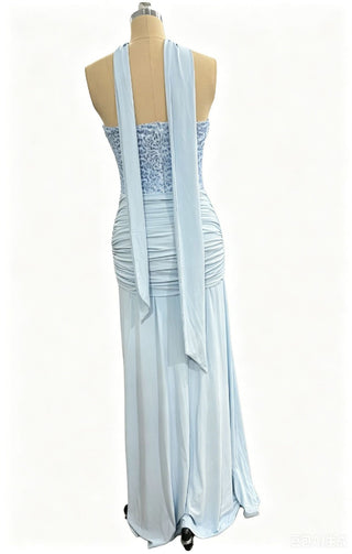 Sequin Corset Strapless Sweetheart Scarf Ruched Draped Long Dress
